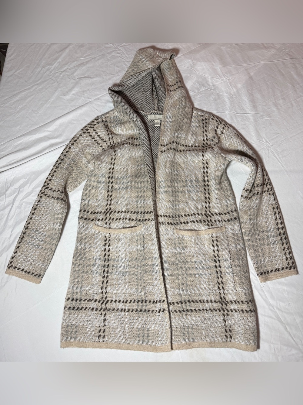 By Design Hooded Plaid Knit Cardigan Sweater Coat Duster – Tan / Beige – Size M